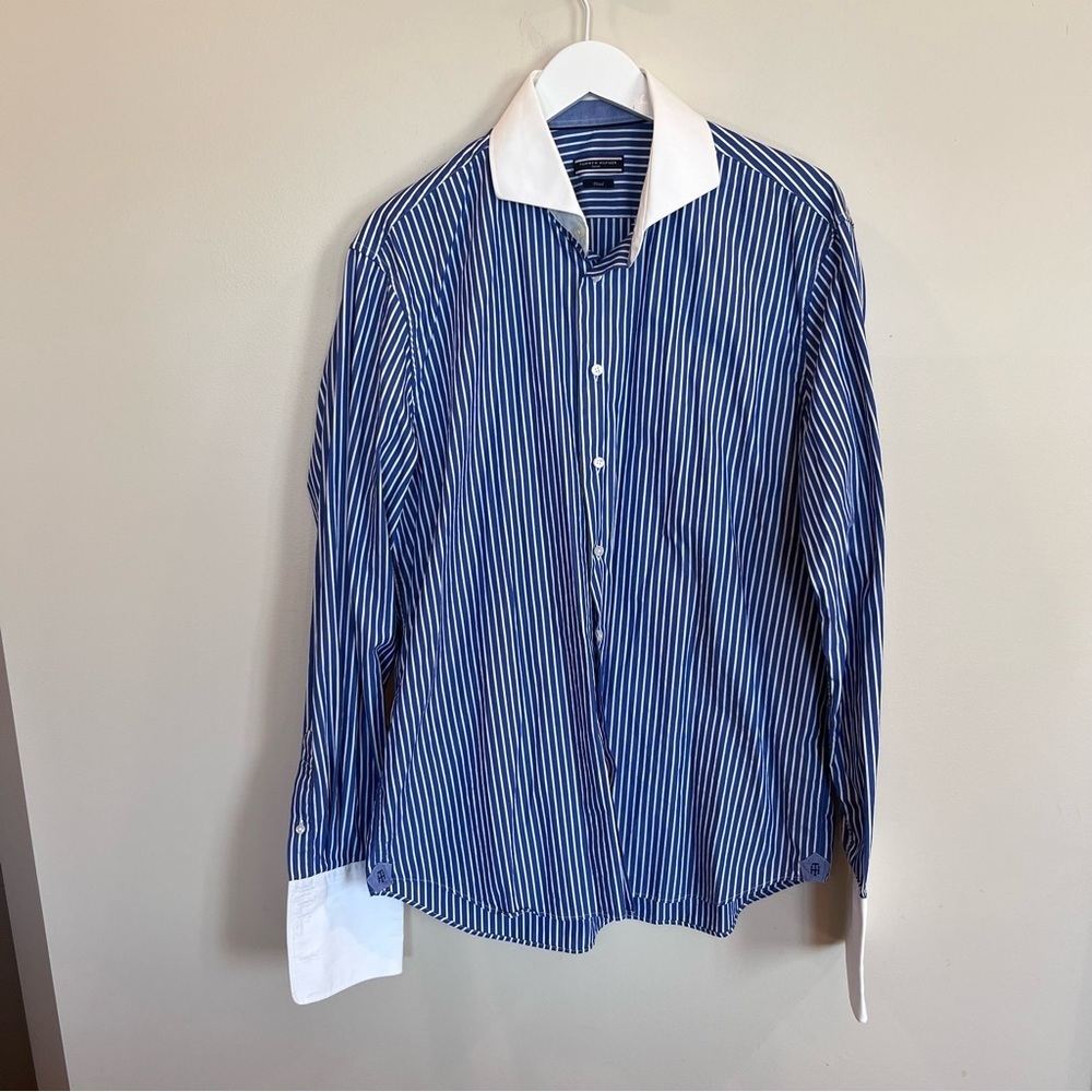 Tommy Hilfiger Men’s Button Down Shirt Stripes Fitted 43/17 Xl